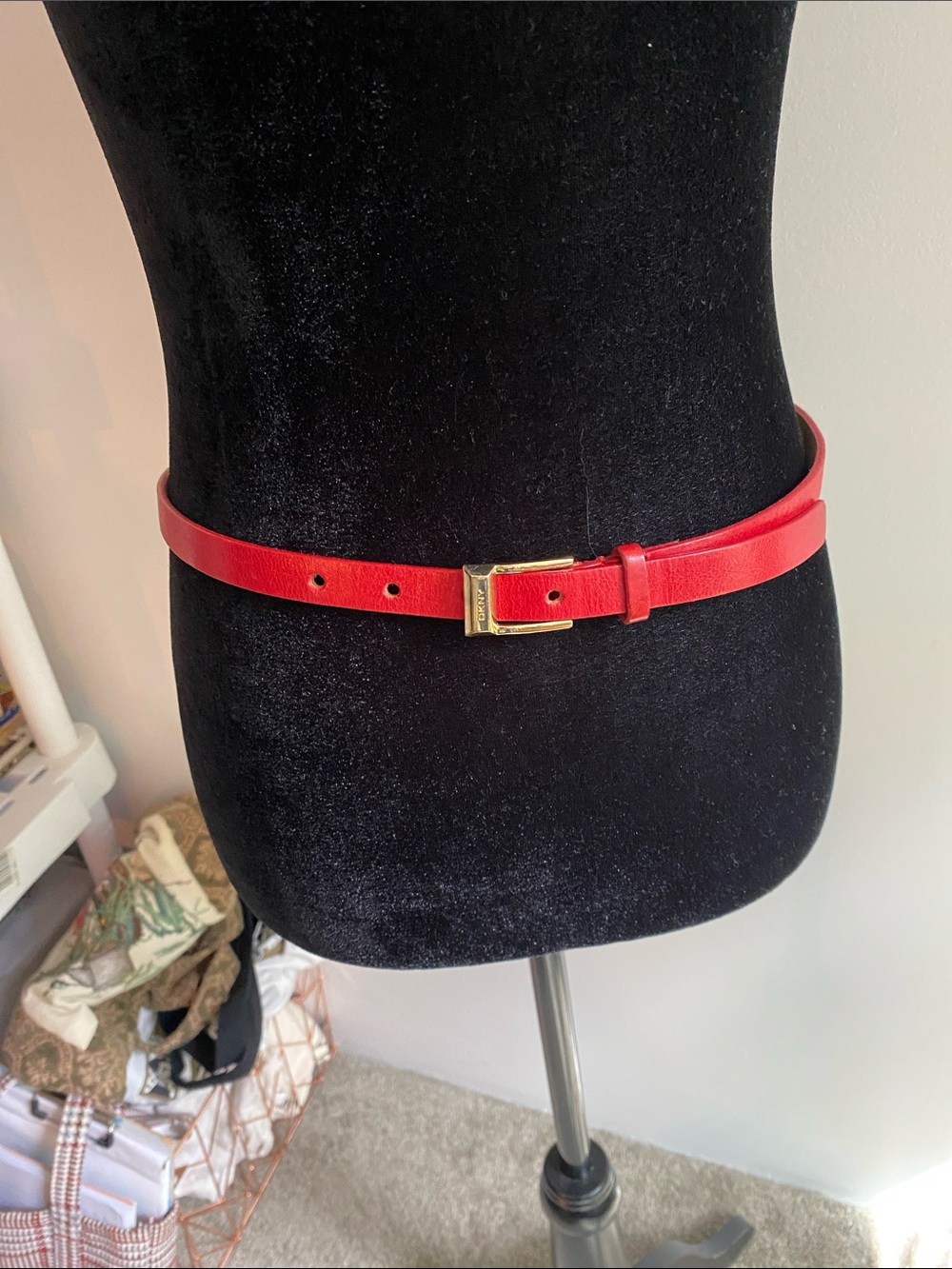 DKNY Slim Red Leather Belt with Gold-Tone Buckle